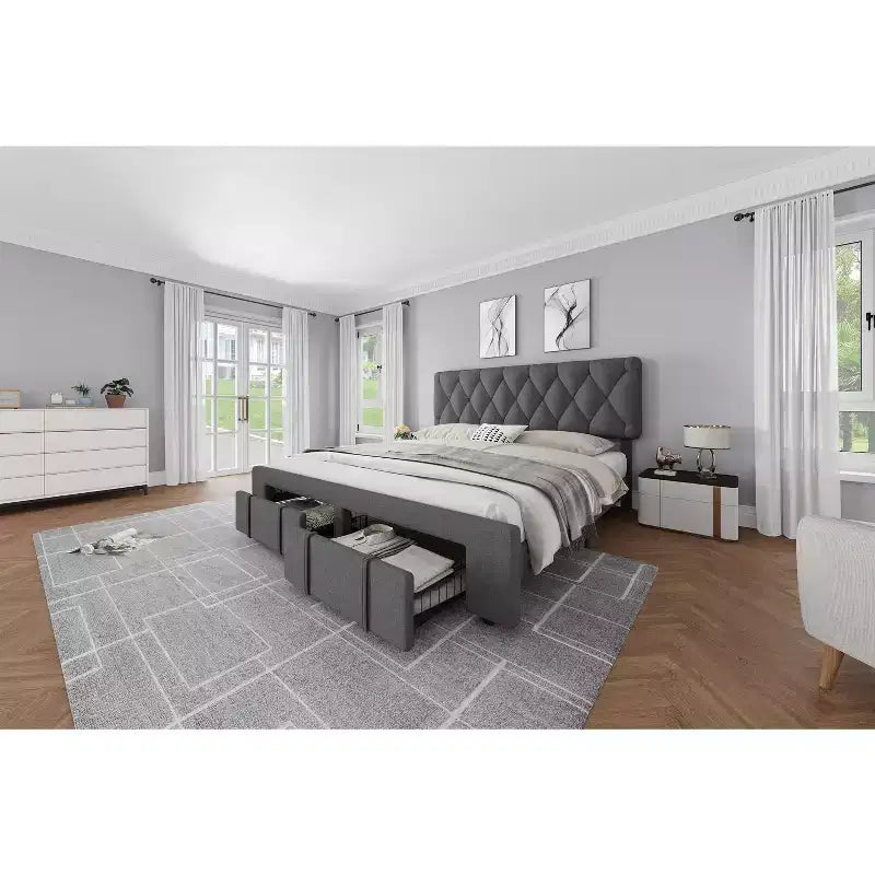 Struttura Letto a Piattaforma Imbottita Beige/Grigio con Cassetti Contenitore, Matrimoniale / King