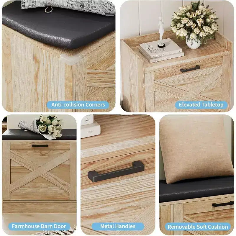 Scarpiera Natural Oak a 4 cassetti con panca imbottita, capacità 24 paia