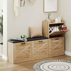 Scarpiera Natural Oak a 4 cassetti con panca imbottita, capacità 24 paia