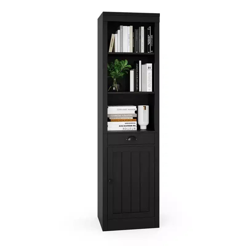 Libreria aperta a 5 ripiani in nero/bianco avorio/rovere, espositore da terra in legno