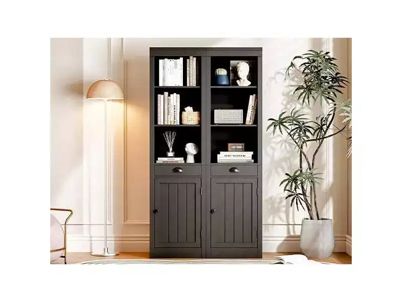Libreria aperta a 5 ripiani in nero/bianco avorio/rovere, espositore da terra in legno