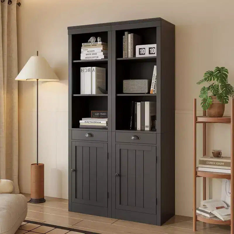 Libreria aperta a 5 ripiani in nero/bianco avorio/rovere, espositore da terra in legno