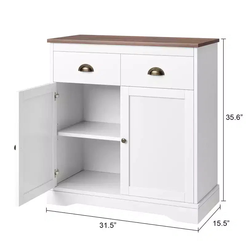 Credenza bianca con 2 ante e 2 cassetti, mobile buffet da cucina