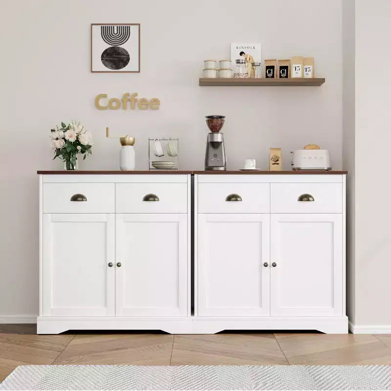 Credenza bianca con 2 ante e 2 cassetti, mobile buffet da cucina