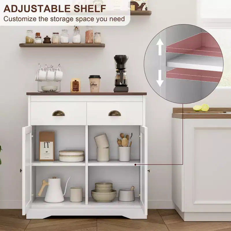 Credenza bianca con 2 ante e 2 cassetti, mobile buffet da cucina