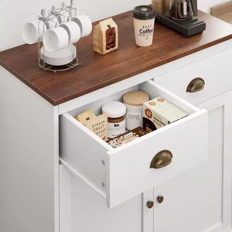 Credenza bianca con 2 ante e 2 cassetti, mobile buffet da cucina