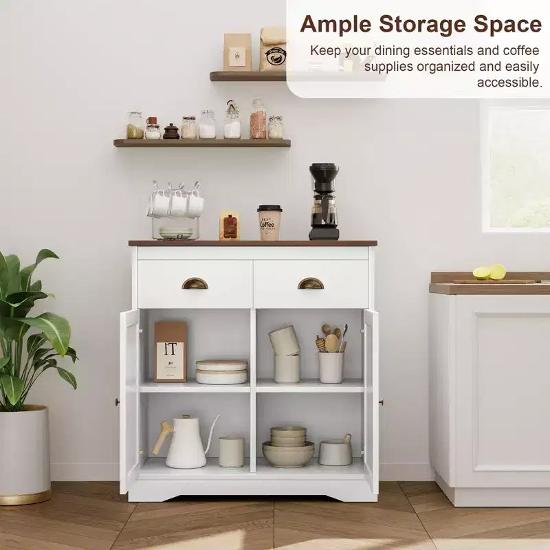 Credenza bianca con 2 ante e 2 cassetti, mobile buffet da cucina