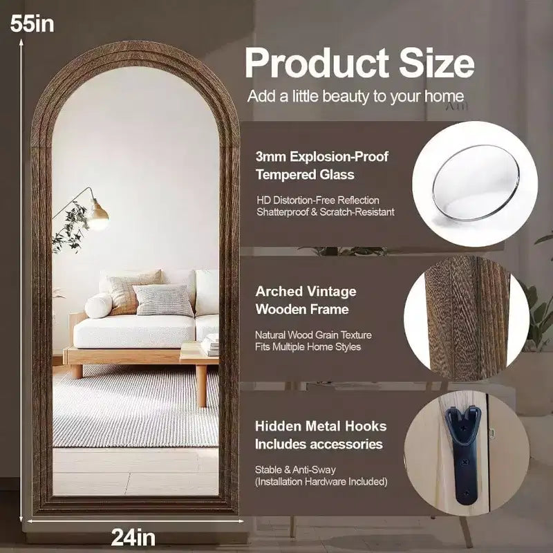 Specchio intero marrone ad arco, cornice in legno massello, da terra o da parete, 55" x 24"