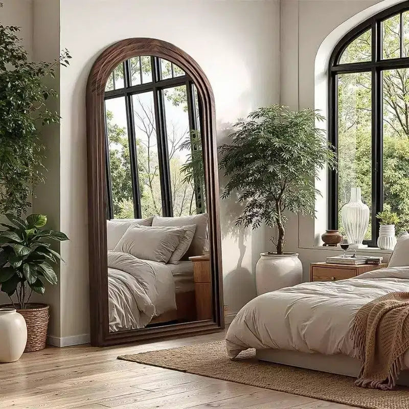 Specchio intero marrone ad arco, cornice in legno massello, da terra o da parete, 55" x 24"