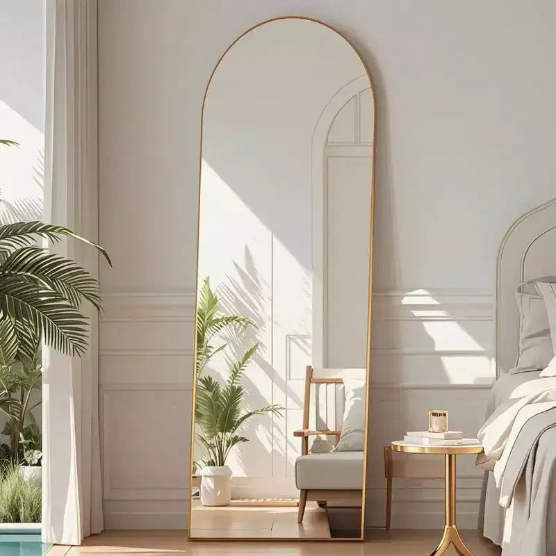 Specchio intero ad arco dorato, da appoggio o da parete, singolo
