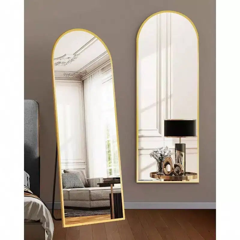 Specchio intero ad arco dorato, da appoggio o da parete, singolo