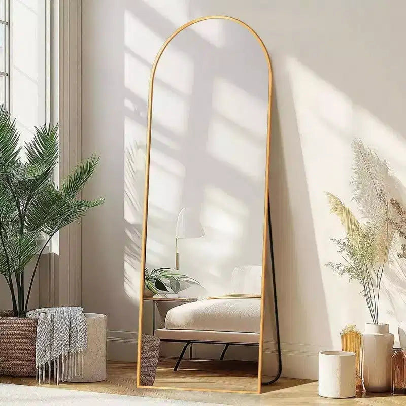 Specchio intero ad arco dorato, da appoggio o da parete, singolo