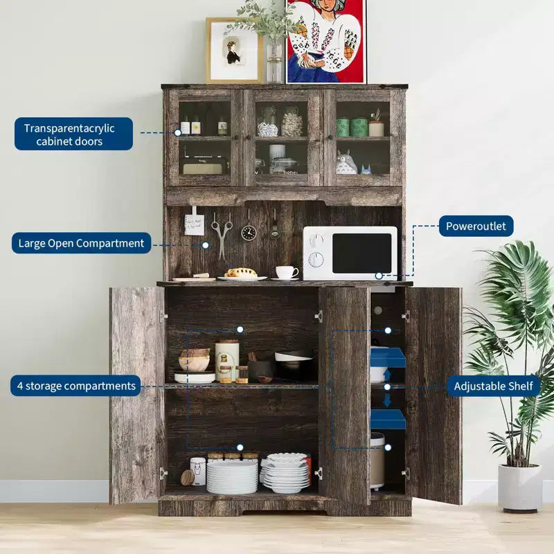 Mobile dispensa marrone in stile rustico per cucina con presa di corrente e ante in acrilico, per 1 persona