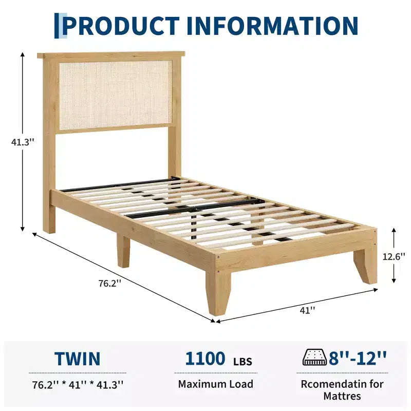 Struttura letto in rattan naturale rivestita con testiera a LED – Singolo/Matrimoniale/Queen