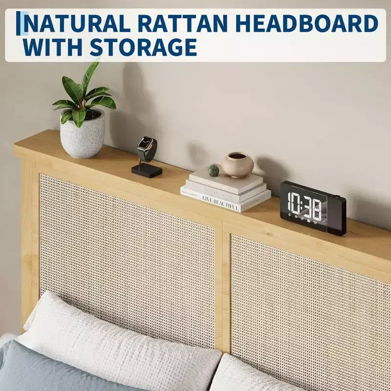 Struttura letto in rattan naturale rivestita con testiera a LED – Singolo/Matrimoniale/Queen