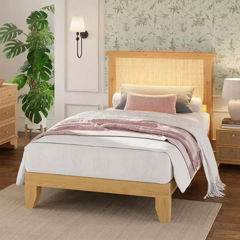 Struttura letto in rattan naturale rivestita con testiera a LED – Singolo/Matrimoniale/Queen