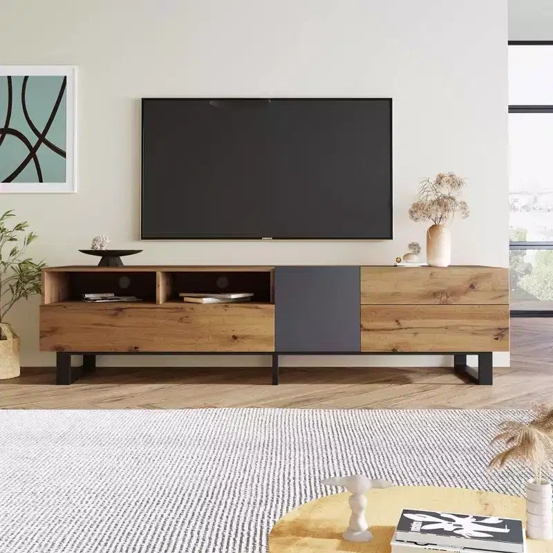 Mobile TV marrone con anta a ribalta, adatto per TV fino a 80"