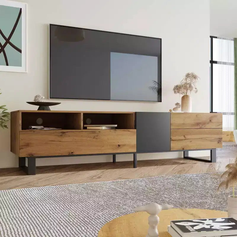 Mobile TV marrone con anta a ribalta, adatto per TV fino a 80"