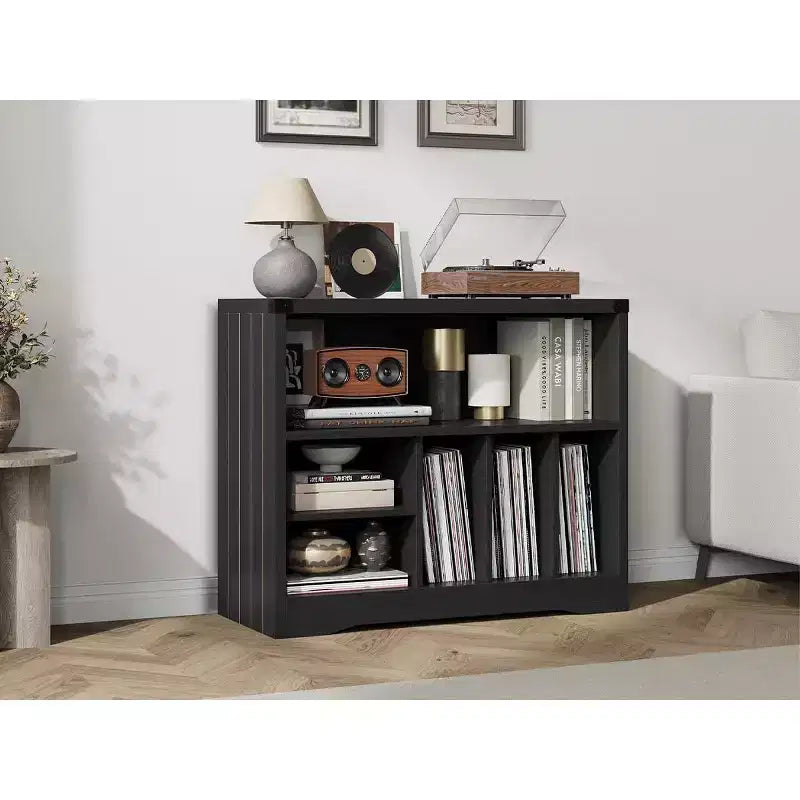 Record Player Stand, Farmhouse Turntable Stand with 6 Vinyl Storage, Vinyl Display Holder Shelf, Wooden Storage Organizer for Living Room, Black