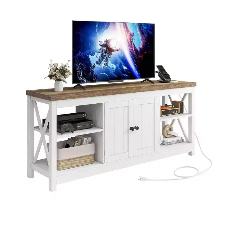 Mobile TV da cascina bianco e grigio anticato per 1 stanza, per TV fino a 65"