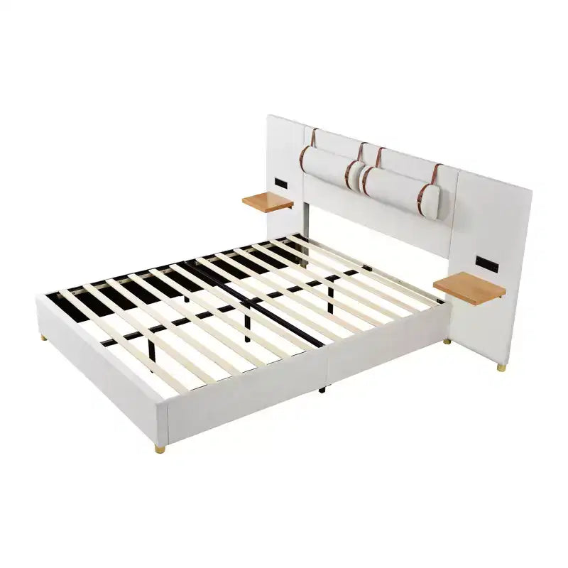 Letto a piattaforma Queen in velluto beige con mensole e porte USB, 2 persone