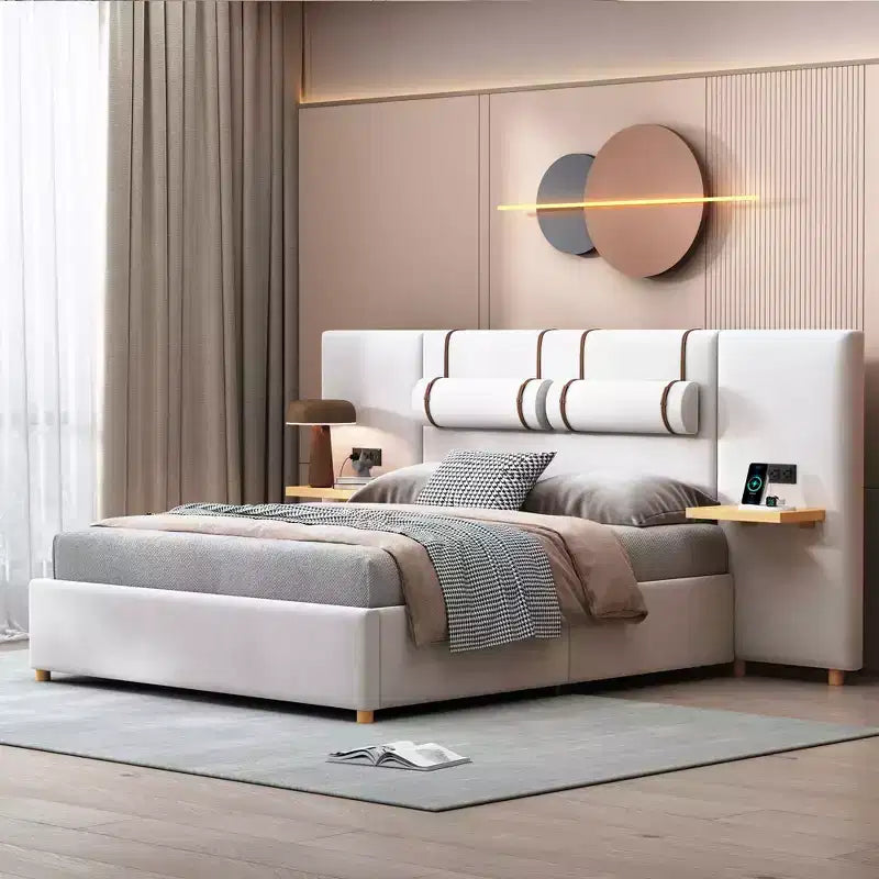 Letto a piattaforma Queen in velluto beige con mensole e porte USB, 2 persone