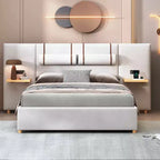 Letto a piattaforma Queen in velluto beige con mensole e porte USB, 2 persone