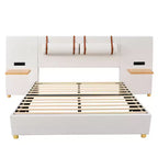 Letto a piattaforma Queen in velluto beige con mensole e porte USB, 2 persone