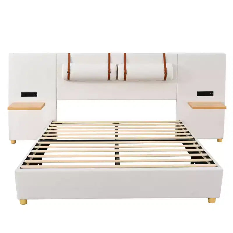 Letto a piattaforma Queen in velluto beige con mensole e porte USB, 2 persone