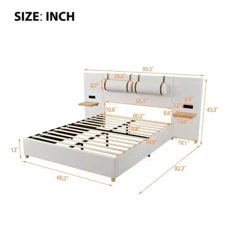 Letto a piattaforma Queen in velluto beige con mensole e porte USB, 2 persone