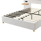 Letto a piattaforma Queen in velluto beige con mensole e porte USB, 2 persone