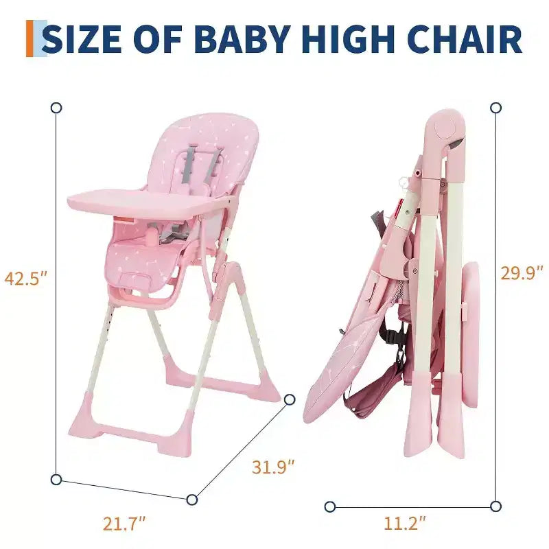 Seggiolone Pieghevole Blu/Grigio/Rosa per 1, Altezza e Schienale Regolabili, Vassoio Removibile