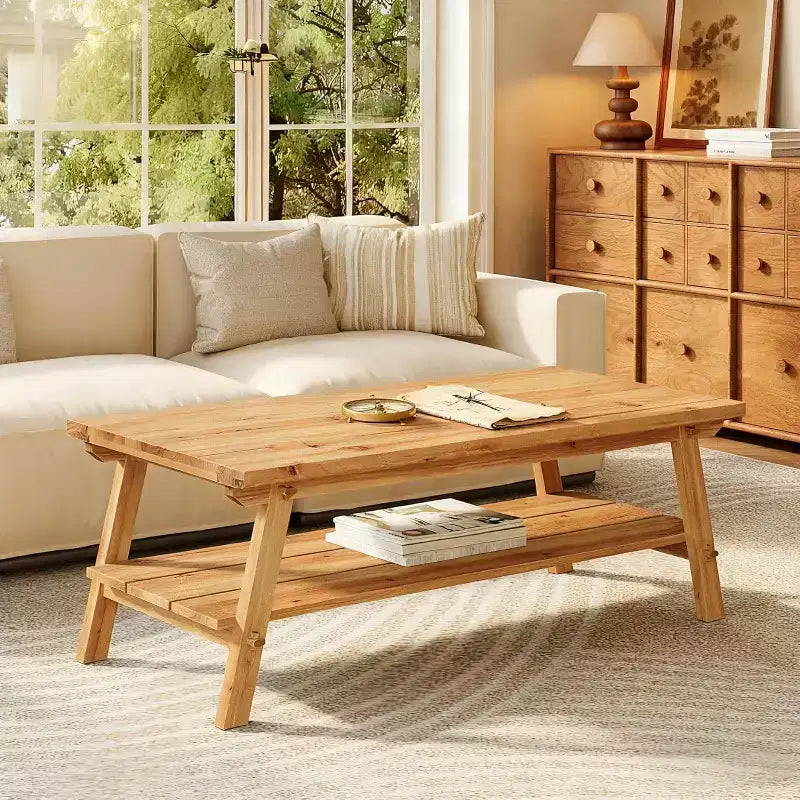 Lantine 47-Inch Solid Wood Coffee Table, 2-Tier Farmhouse Center Table, Simple RectangleTea Table for Living Room