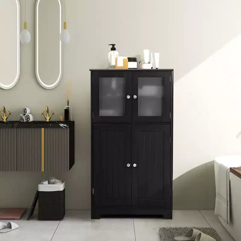 Mobiletto da terra a 4 ante nero/marrone/grigio con ripiano regolabile, montaggio a 1 persona