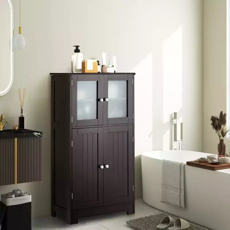 Mobiletto da terra a 4 ante nero/marrone/grigio con ripiano regolabile, montaggio a 1 persona