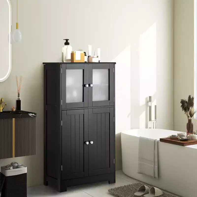 Mobiletto da terra a 4 ante nero/marrone/grigio con ripiano regolabile, montaggio a 1 persona