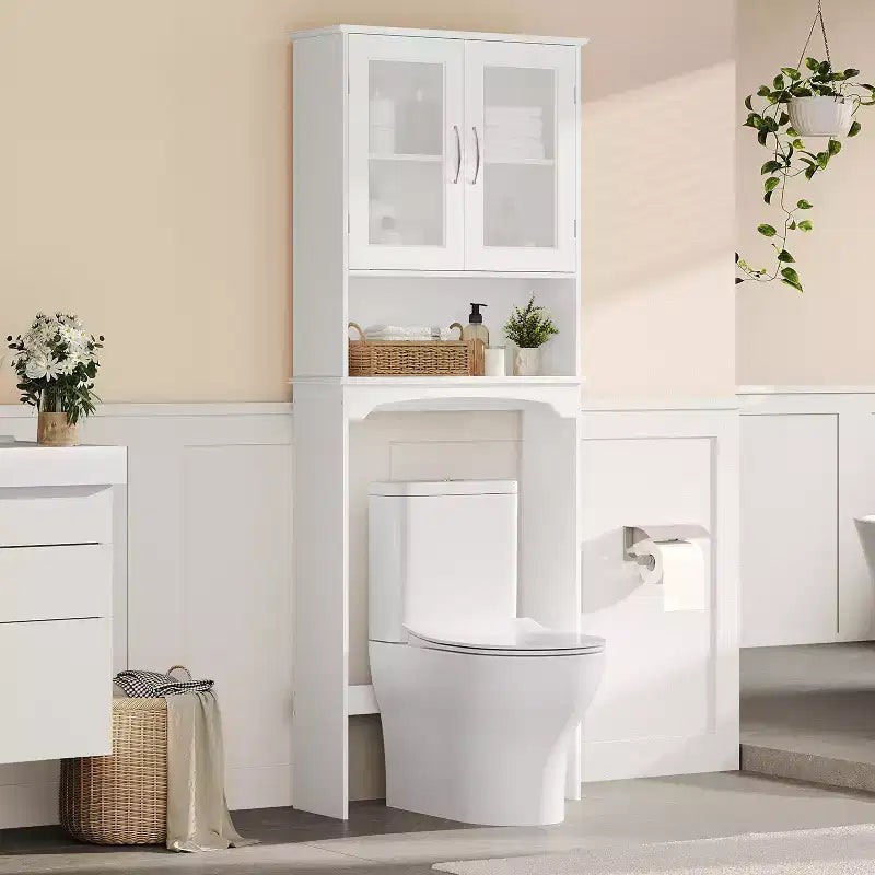 [Colore] Mobiletto portaoggetti sopra il WC con anta e ripiano aperto, autoportante