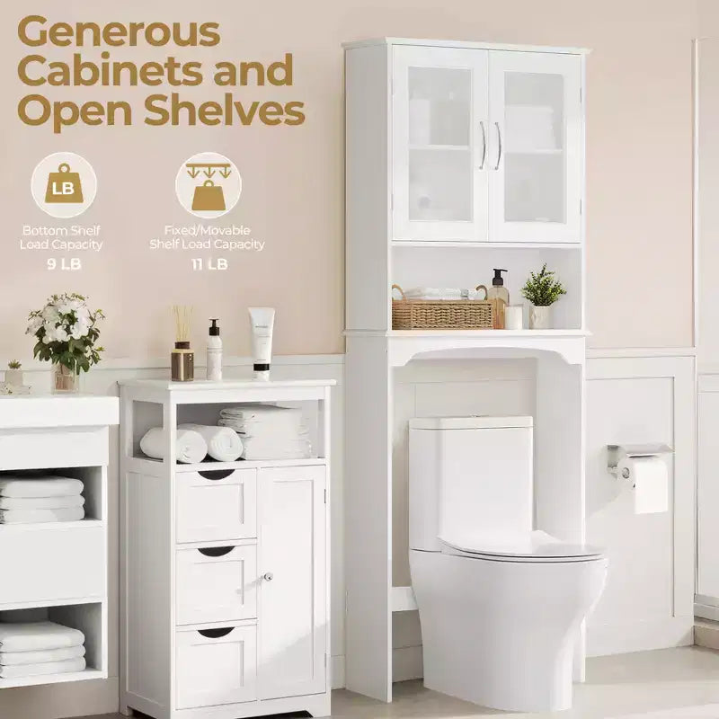 [Colore] Mobiletto portaoggetti sopra il WC con anta e ripiano aperto, autoportante