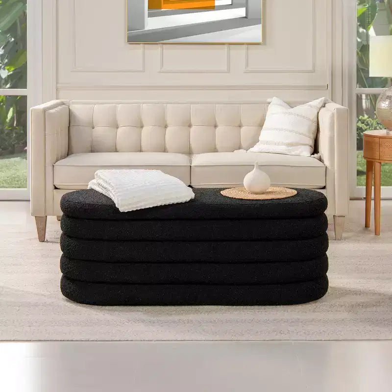 Panca contenitore ovale in bouclé Ebony Black / Ivory White / Olive Green, 1 posto