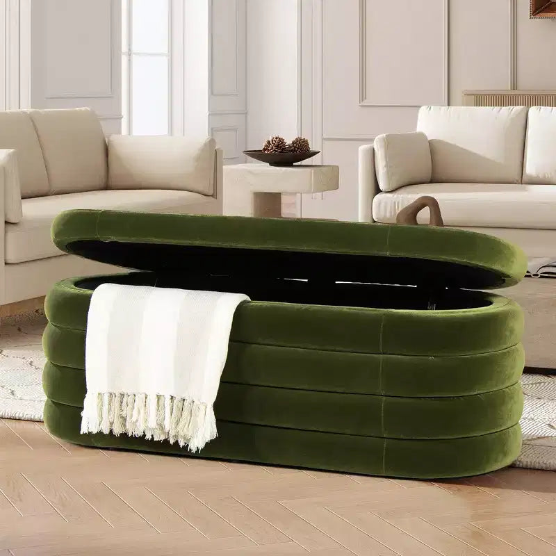 Panca contenitore ovale in bouclé Ebony Black / Ivory White / Olive Green, 1 posto