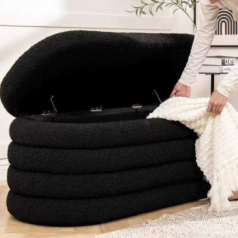 Panca contenitore ovale in bouclé Ebony Black / Ivory White / Olive Green, 1 posto