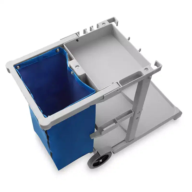 Carrello per pulizie professionale grigio con ripiani e sacco in vinile