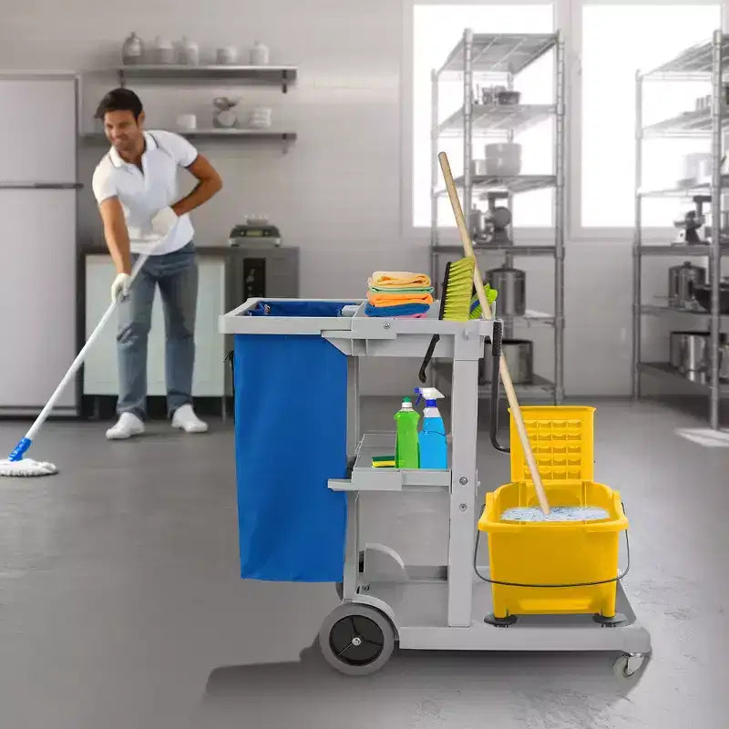 Carrello per pulizie professionale grigio con ripiani e sacco in vinile